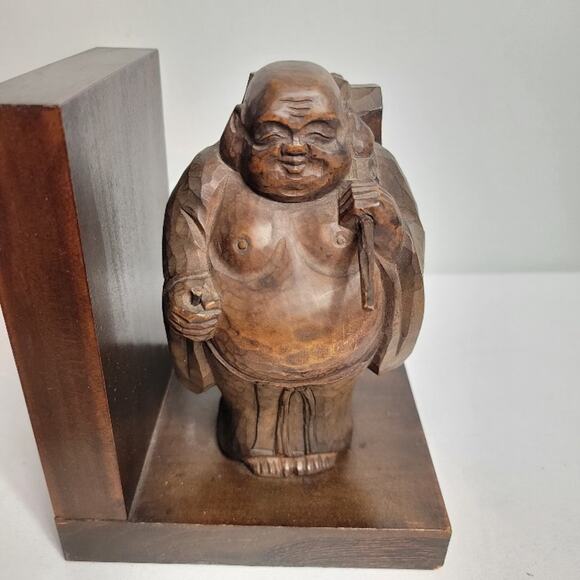 Buddha Wood Carved Bookends MCM Style Collectible READ - Picture 9 of 9